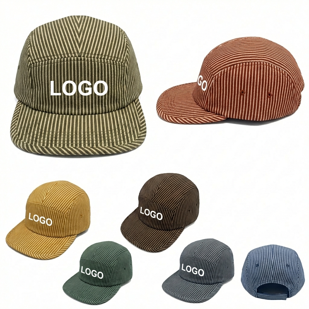 Pinstripe 5-Panel Flat Brim Hat - Vintage Style Adjustable Strapback Cap