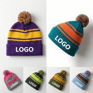 Multi-Stripe Cuffed Beanie with Matching Top Pom-Pom
